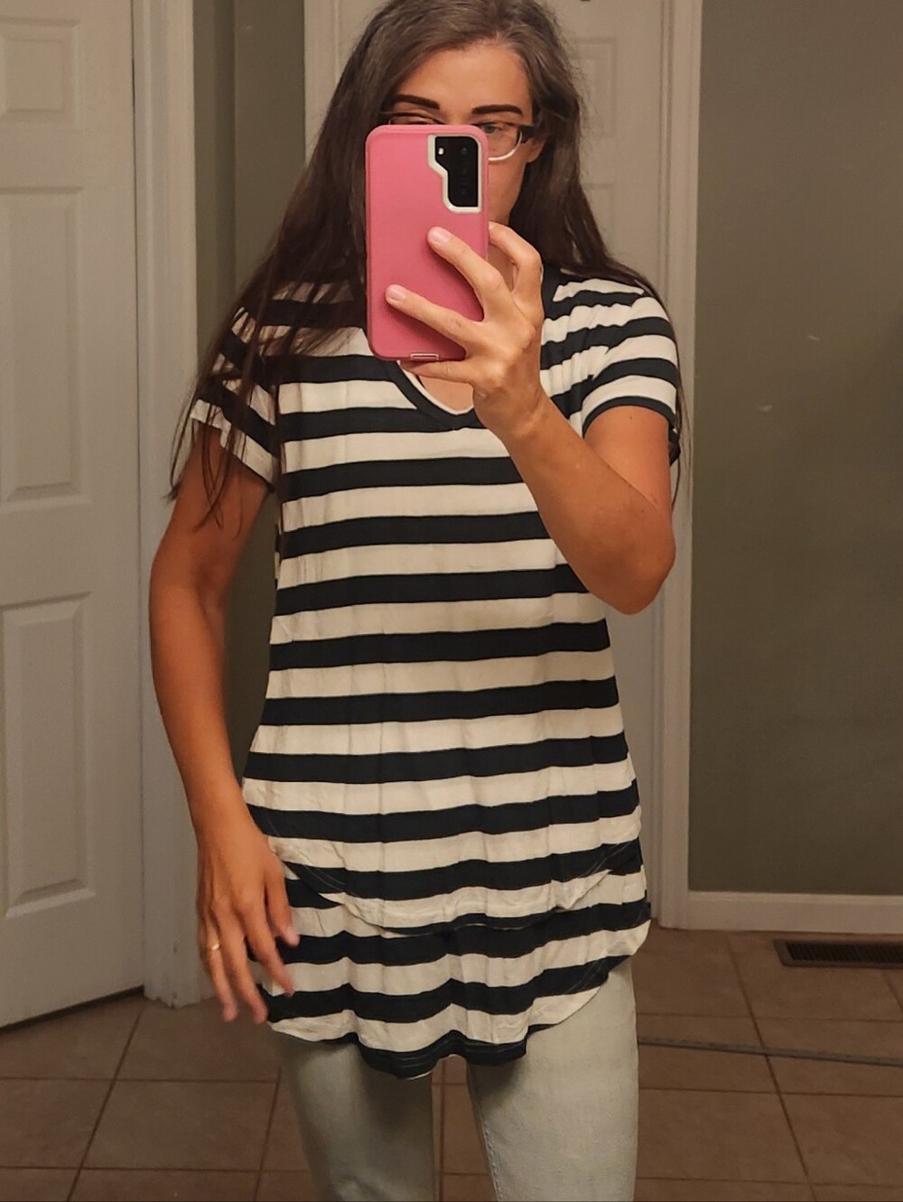 Latched Mama Maternity Nursing Boyfriend V Neck T, Dark Green And White Stripe M